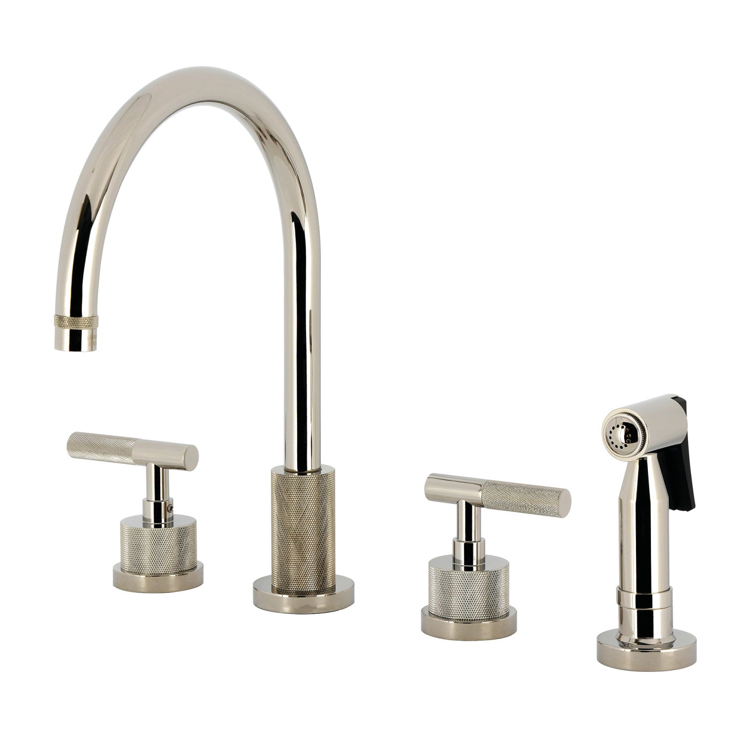 Kingston Sona KS8726KNLBS - Convergent Double-Handle 4-Hole Widespread Kitchen Faucet with Knurled Handle 4-Hole and Brass Sprayer, Polished Nickel — image 1
