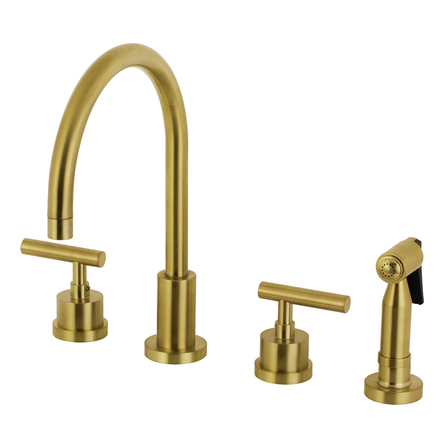 Kingston Sona KS8727CMLBS - Manhattan Double-Handle 4-Hole Widespread Kitchen Faucet with Brass Sprayer, Brushed Brass