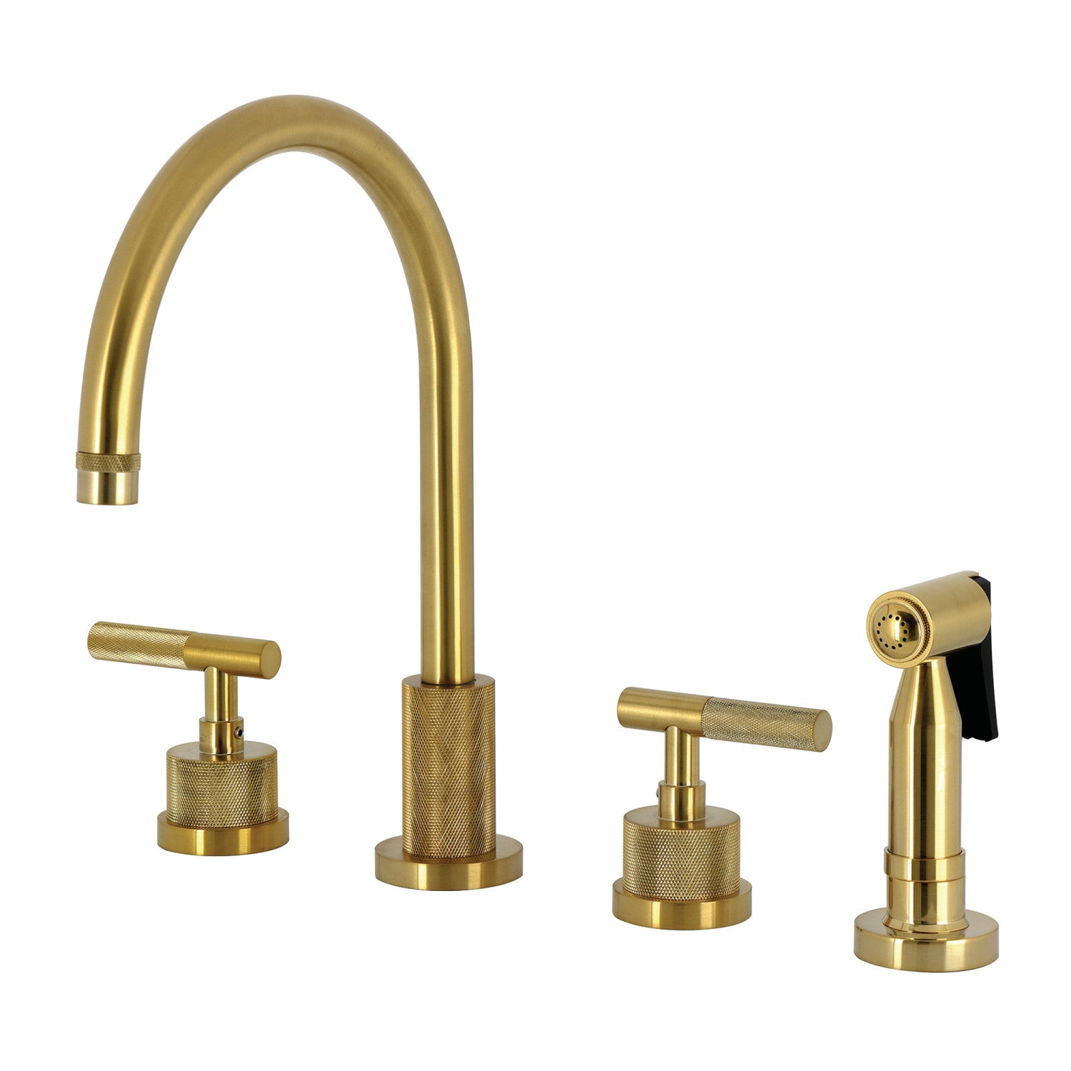 Kingston Sona KS8727KNLBS - Convergent Double-Handle 4-Hole Widespread Kitchen Faucet with Knurled Handle 4-Hole and Brass Sprayer, Brushed Brass — image 1