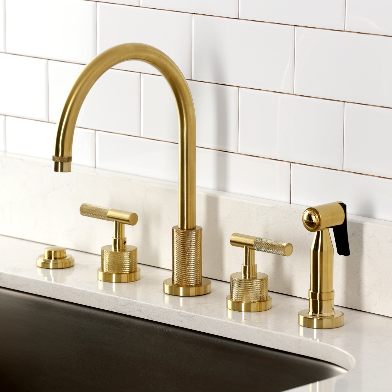 Kingston Sona KS8727KNLBS - Convergent Double-Handle 4-Hole Widespread Kitchen Faucet with Knurled Handle 4-Hole and Brass Sprayer, Brushed Brass — thumbnail 2