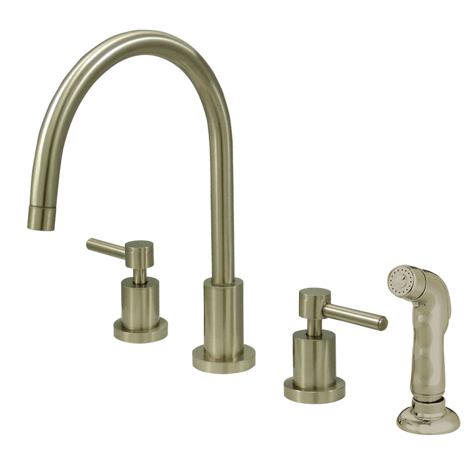 Kingston Sona KS8728DL - Concord Double-Handle 4-Hole Widespread Kitchen Faucet with Plastic Sprayer, Brushed Nickel — image 1