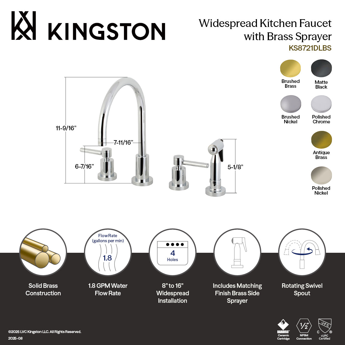 Kingston Sona KS8728DLBS - Concord Double-Handle 4-Hole Widespread Kitchen Faucet with Brass Sprayer, Brushed Nickel — thumbnail 2
