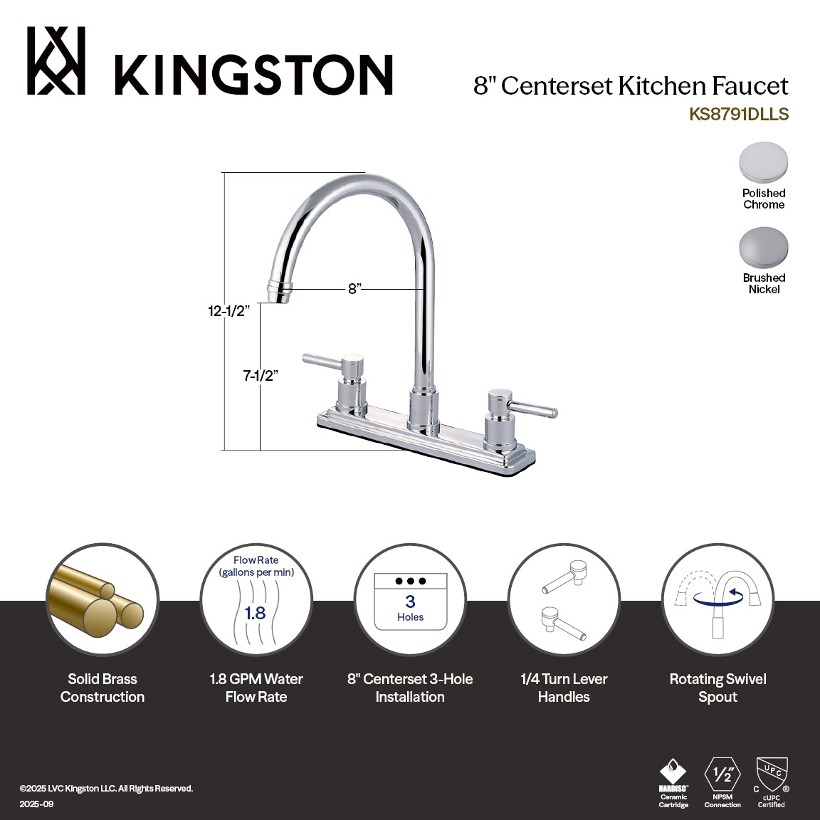 Kingston Sona KS8791DLLS - Concord Two-Handle 3-Hole 8" Centerset Kitchen Faucet, Polished Chrome — thumbnail 2
