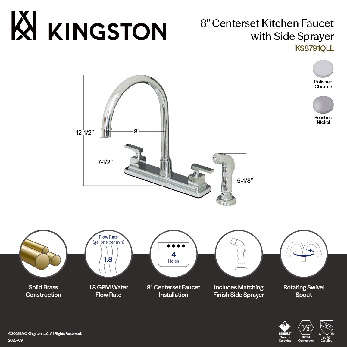 Kingston Sona KS8791QLL - Executive Two-Handle 4-Hole 8" Centerset Kitchen Faucet with Side Sprayer, Polished Chrome — thumbnail 2