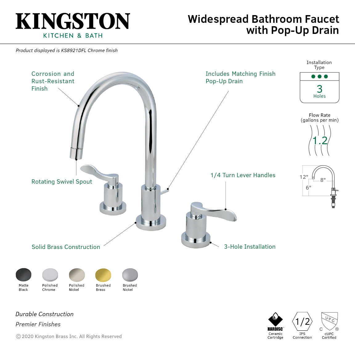 Kingston Tulare KS8921DFL - NuWave Two-Handle 3-Hole Deck Mount Widespread Bathroom Faucet with Brass Pop-Up, Polished Chrome — thumbnail 2
