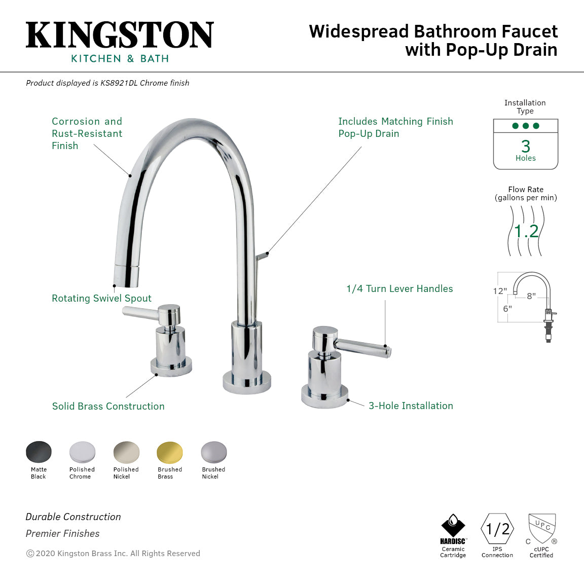 Kingston Sona KS8926DL - Concord Two-Handle 3-Hole Deck Mount Widespread Bathroom Faucet with Brass Pop-Up, Polished Nickel — thumbnail 2