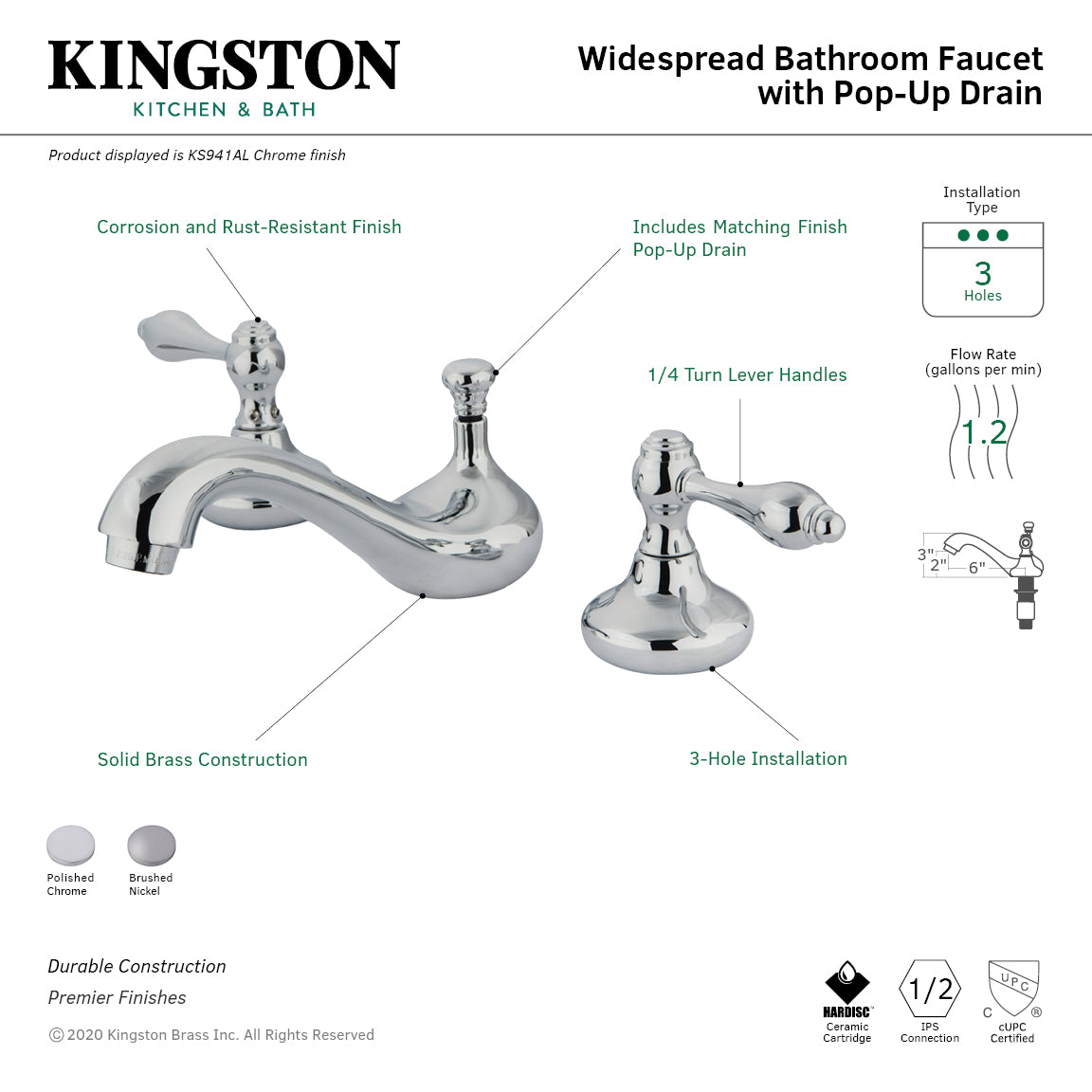 Kingston Heirloom KS941ALTwo-Handle 3-Hole Deck Mount Widespread Bathroom Faucet with ABS Pop-Up Drain, Polished Chrome — thumbnail 2