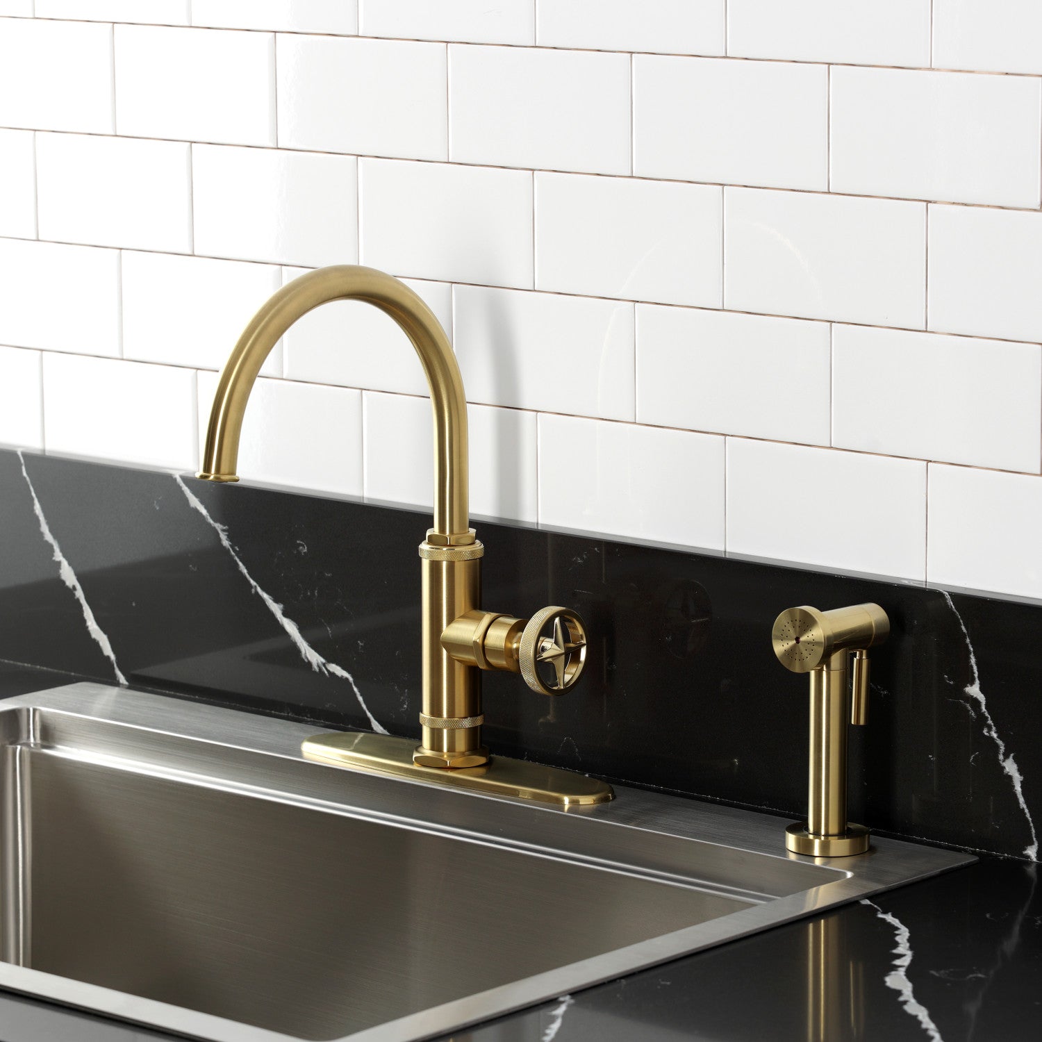 Kingston Sona KSD2437RNX - Ostro Single-Handle 2-Hole Deck Mount Kitchen Faucet, Brushed Brass — thumbnail 2