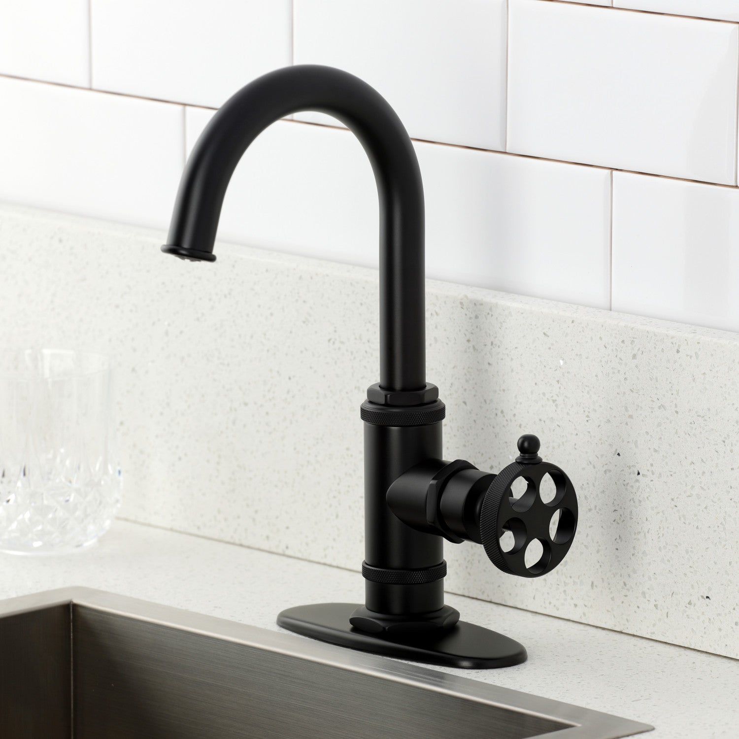 Kingston Sona KSD8500RKZ - Wendell One-Handle 1-Hole Deck Mount Bar Faucet with Knurled Handle, Matte Black — thumbnail 2