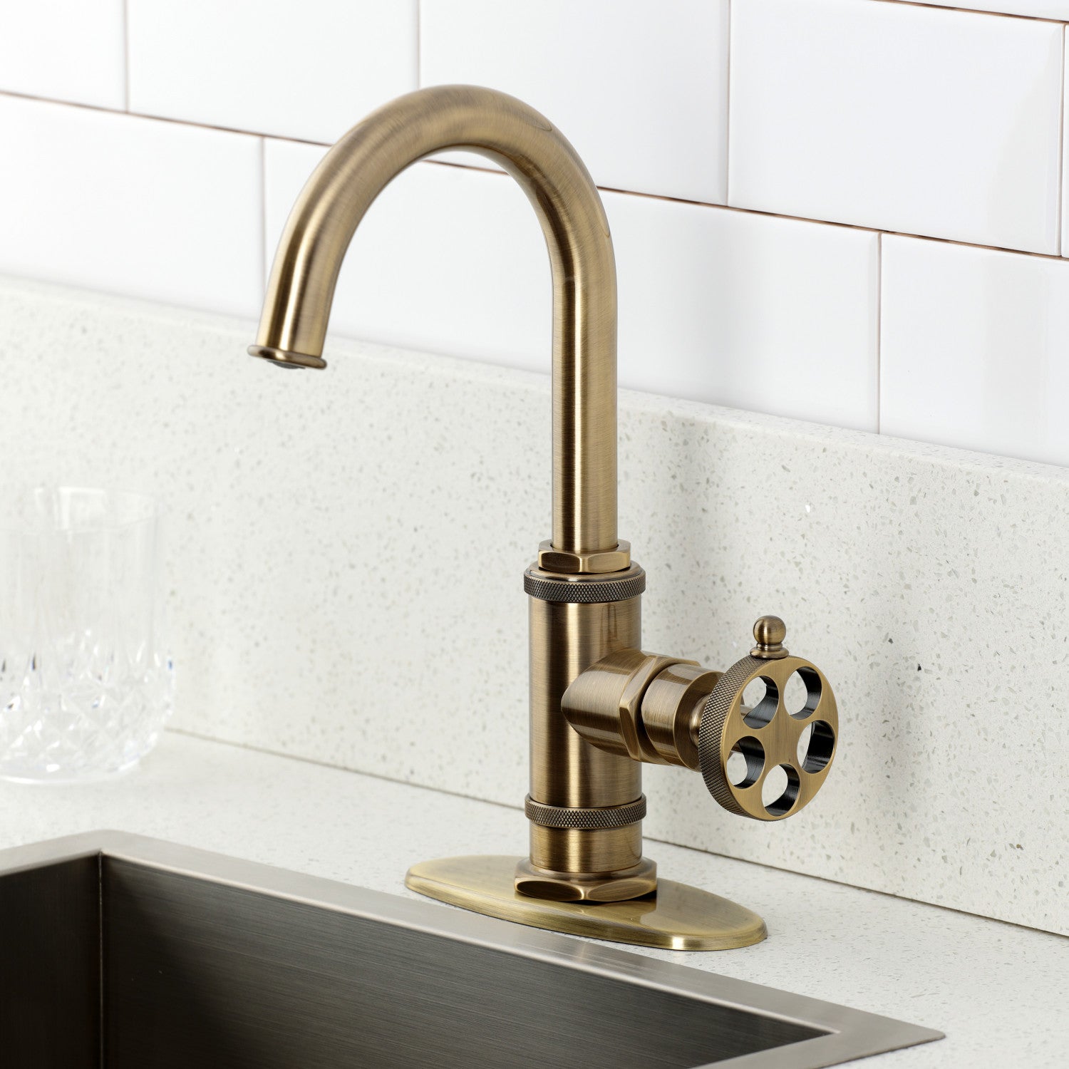 Kingston Sona KSD8503RKZ - Wendell One-Handle 1-Hole Deck Mount Bar Faucet with Knurled Handle, Antique Brass — thumbnail 2