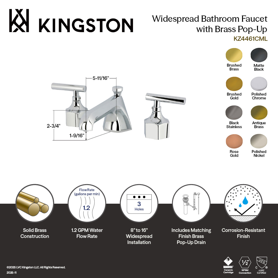 Kingston Sona KZ446CMLBG - Navei Two-Handle 3-Hole Deck Mount Widespread Bathroom Faucet with Brass Pop-Up, Brushed Gold — thumbnail 2