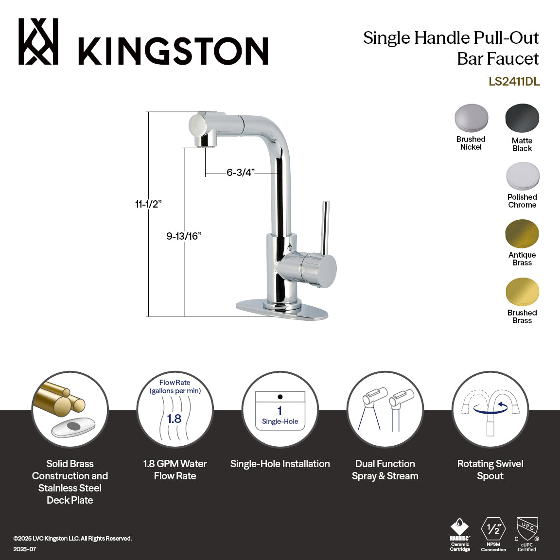 Kingston Sona LS2418DL - Concord Single-Handle 1-Hole Deck Mount Pull-Out Sprayer Bar Faucet, Brushed Nickel — thumbnail 2