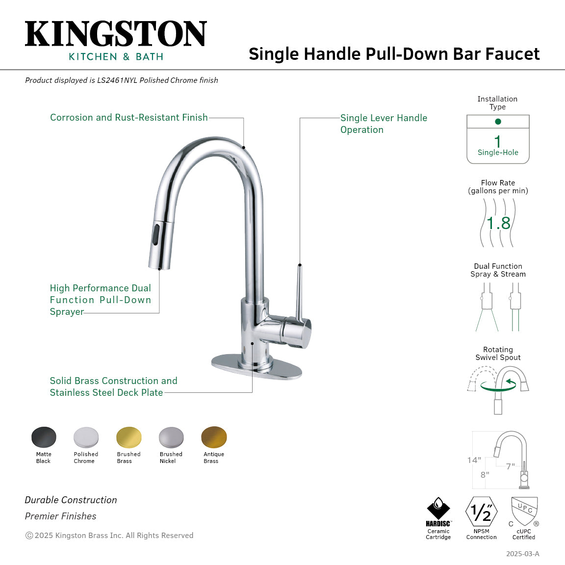 Kingston Sona LS2461NYL - New York One-Handle 1-Hole Deck Mount Bar Faucet with Pull Down Sprayer, Polished Chrome — thumbnail 3