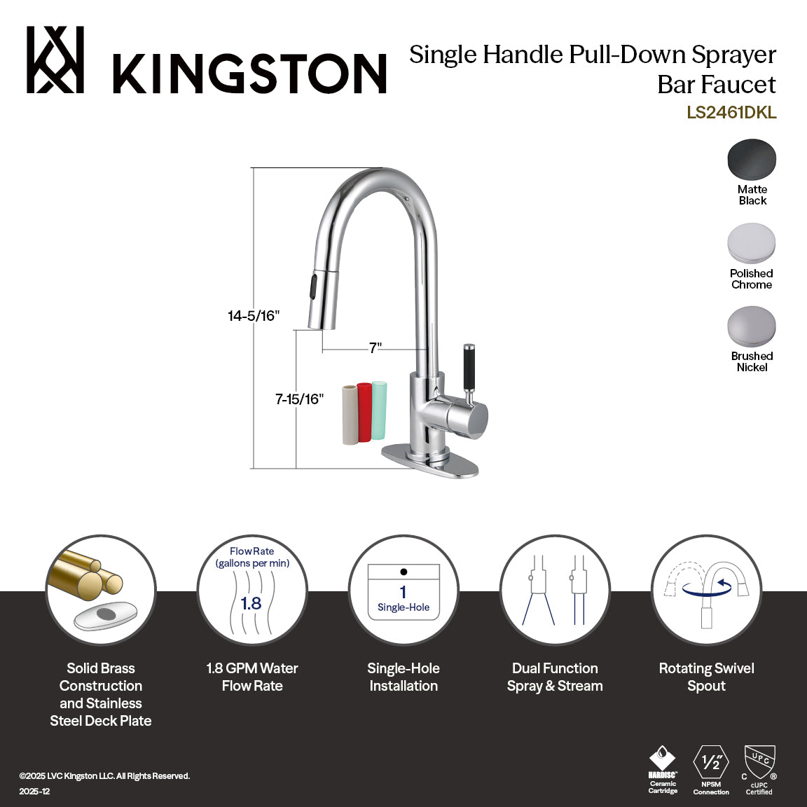 Kingston Sona LS2468DKL - Kaiser One-Handle 1-Hole Deck Mount Bar Faucet with Pull Down Sprayer, Brushed Nickel — thumbnail 2