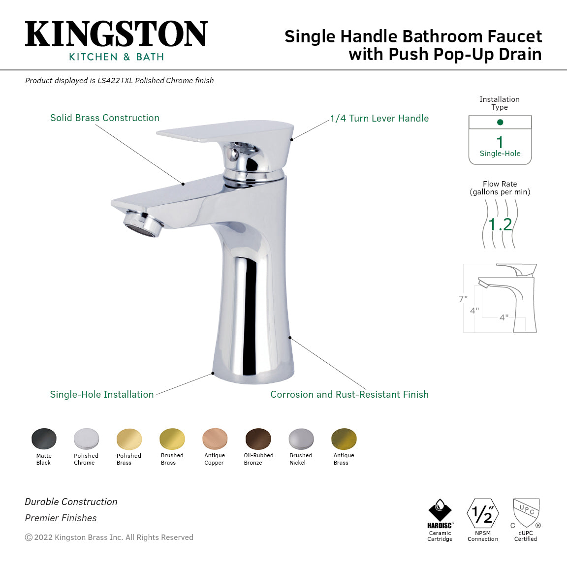 Kingston Sona LS4220XL - Millennium One-Handle 1-Hole Bathroom Faucet with Push Pop-Up Drain, Matte Black — thumbnail 3