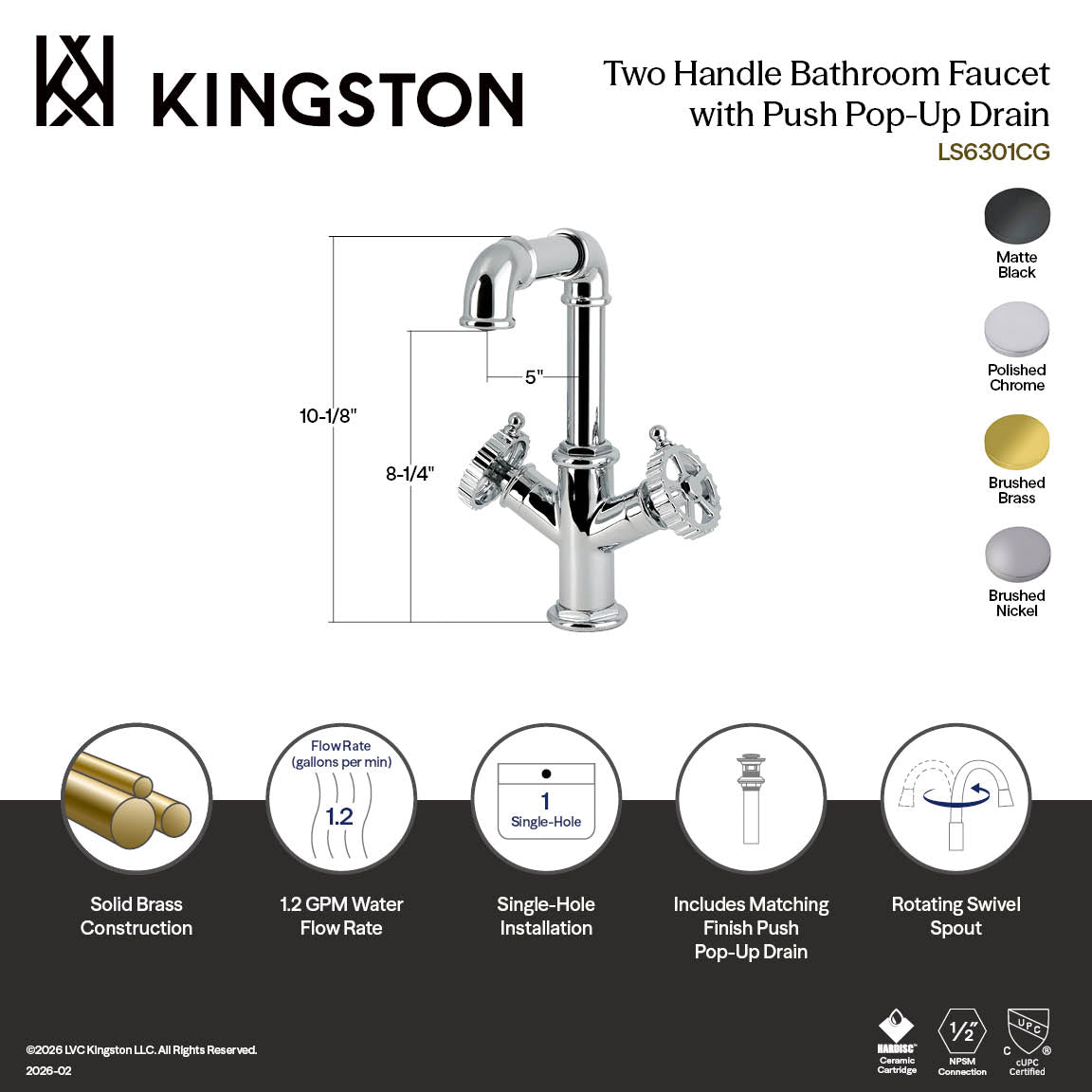 Kingston Fuller LS6303CG Two-Handle 1-Hole Bathroom Faucet with Push Pop-Up Drain, Brushed Brass — thumbnail 2