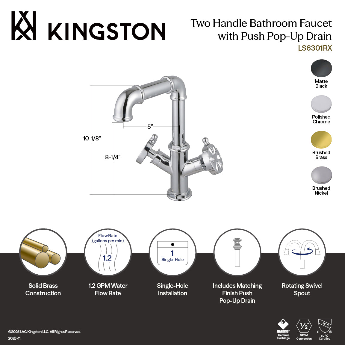 Kingston Sona LS6308RX - Belknap Two-Handle 1-Hole Bathroom Faucet with Push Pop-Up Drain, Brushed Nickel — thumbnail 2