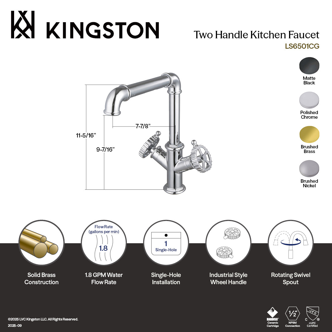 Kingston Sona LS6500CG - Fuller Two-Handle 1-Hole Kitchen Faucet, Matte Black — thumbnail 2