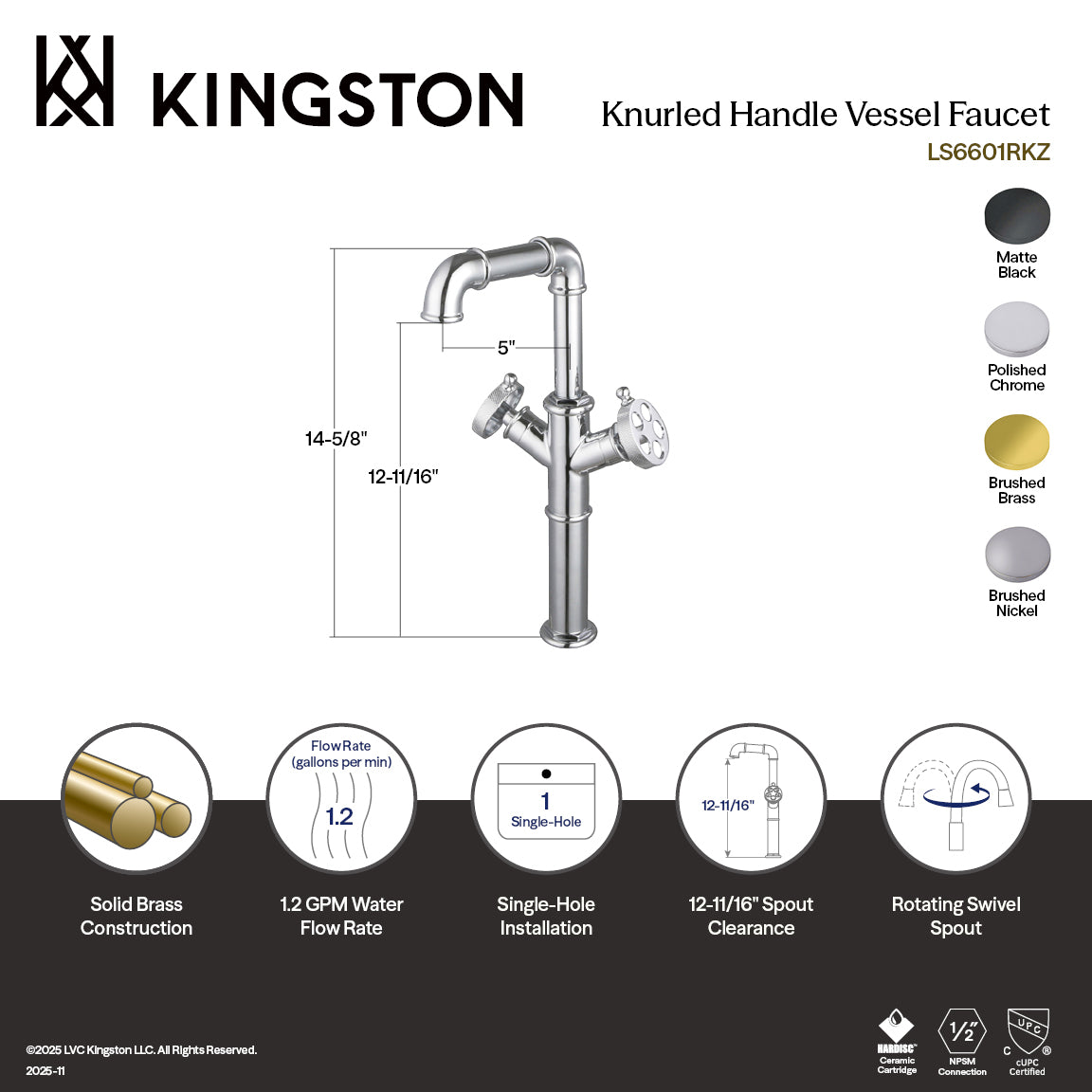 Kingston Sona LS6608RKZ - Wendell Two-Handle 1-Hole Deck Mount Vessel Faucet with Knurled Handle, Brushed Nickel — thumbnail 2