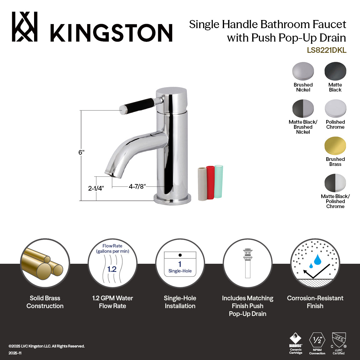 Kingston Sona LS8223DKL - Kaiser One-Handle 1-Hole Bathroom Faucet with Push Pop-Up Drain, Brushed Brass — thumbnail 2