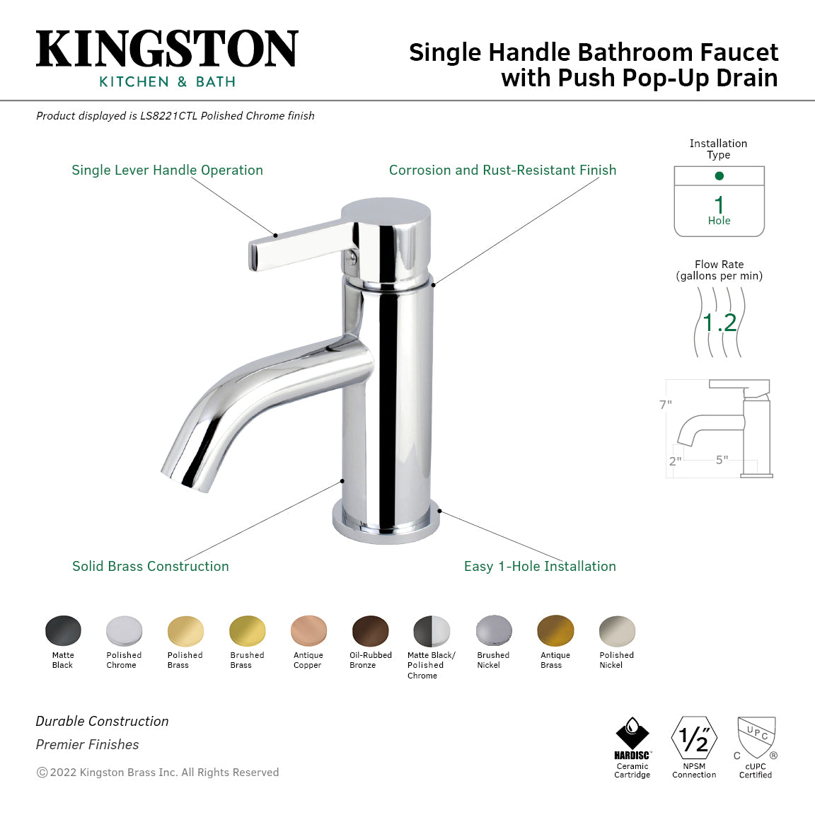 Kingston Sona LS8225CTL - Continental One-Handle 1-Hole Bathroom Faucet with Push Pop-Up Drain, Oil Rubbed Bronze — thumbnail 2
