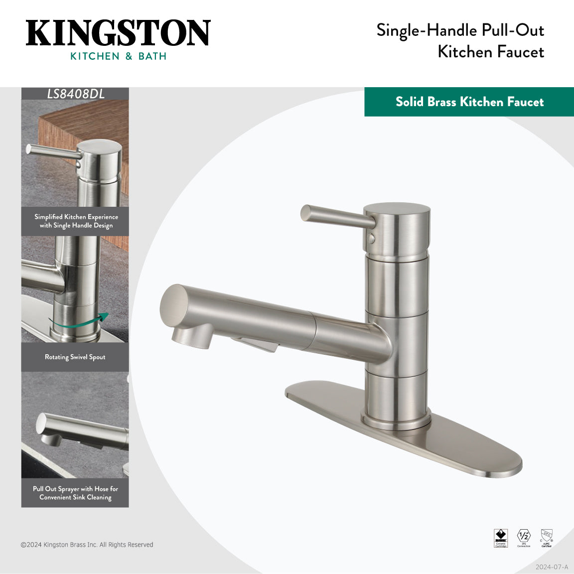 Kingston Sona LS8403DL - Concord Single-Handle 1-Hole Deck Mount Pull-Out Sprayer Kitchen Faucet, Brushed Brass — thumbnail 3
