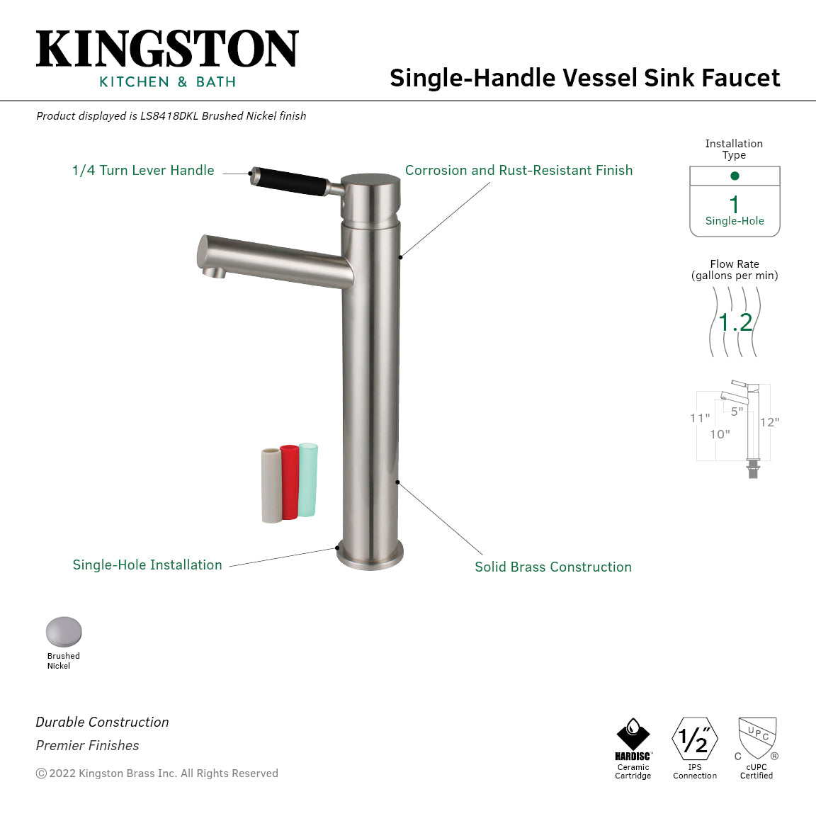 Kingston Sona LS8418DKL - Kaiser Single-Handle 1-Hole Deck Mount Vessel Faucet, Brushed Nickel — thumbnail 2