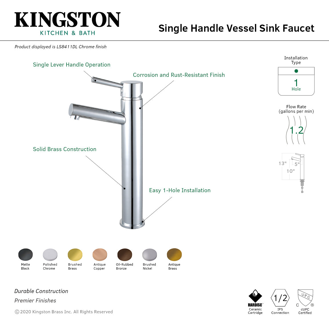 Kingston Sona LS8418DL - Concord Single-Handle 1-Hole Deck Mount Vessel Faucet, Brushed Nickel — thumbnail 2