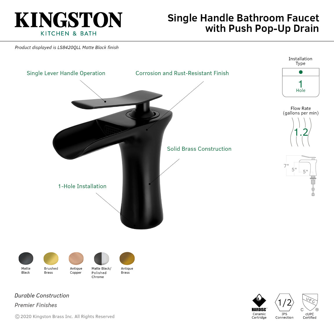 Kingston Sona LS8423QLL - Executive One-Handle 1-Hole Bathroom Faucet with Push Pop-Up Drain, Brushed Brass — thumbnail 2