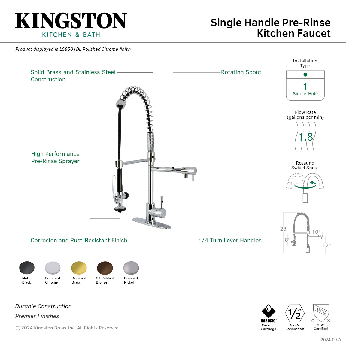 Kingston Sona LS8503DL - Concord Single-Handle 1-Hole Deck Mount Pre-Rinse Kitchen Faucet, Brushed Brass — thumbnail 2