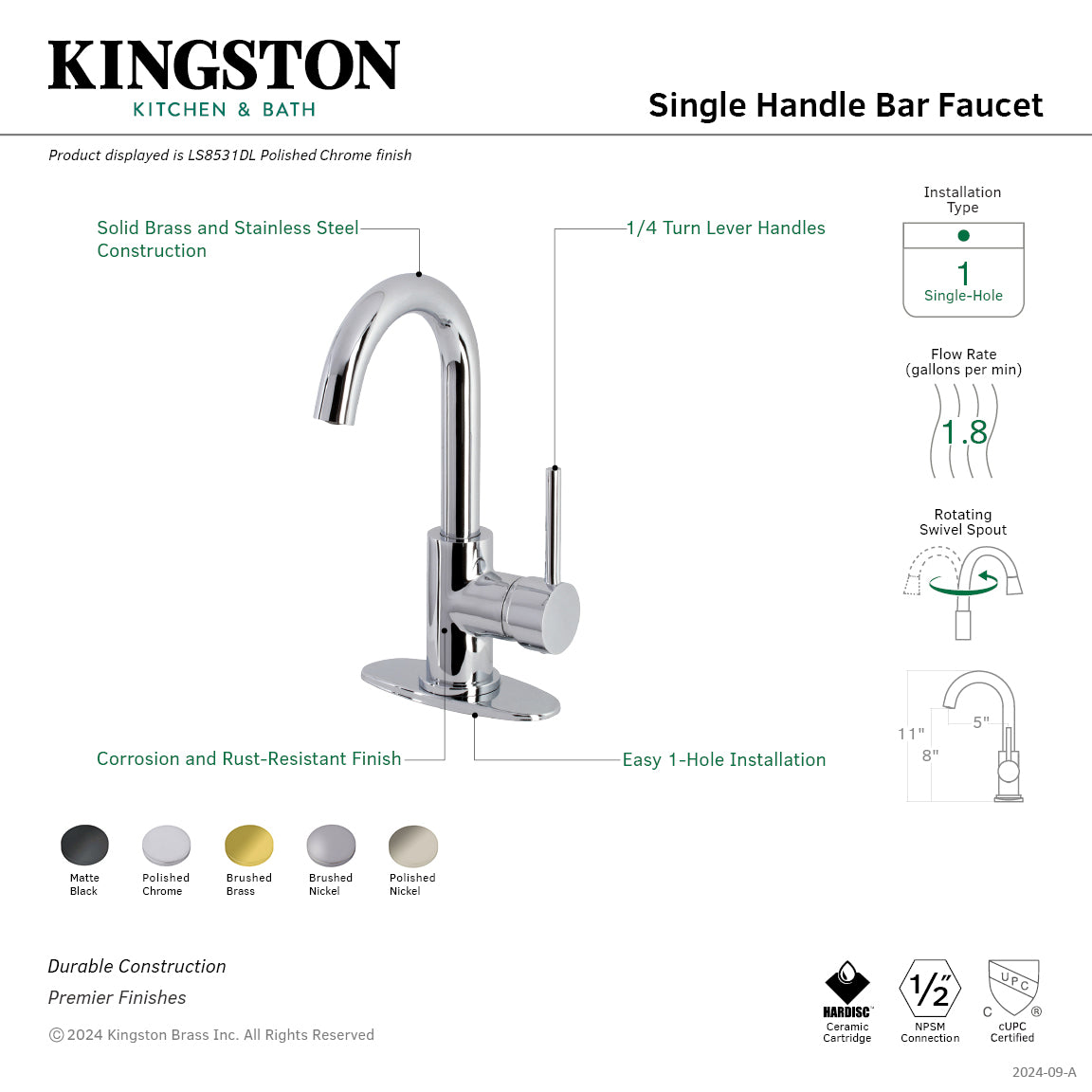 Kingston Sona LS853DLPN - Concord One-Handle 1-Hole Deck Mount Bar Faucet, Polished Nickel — thumbnail 2