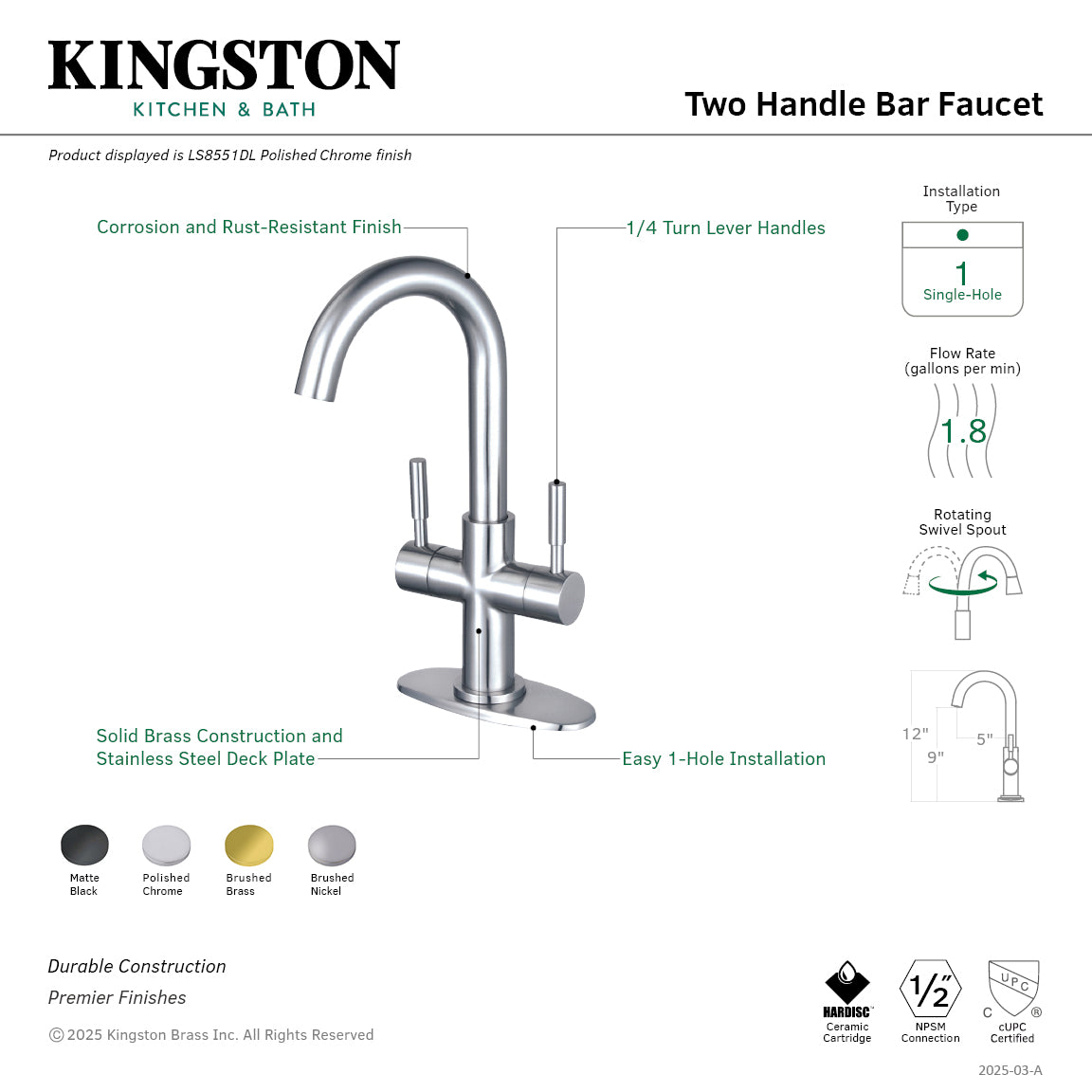 Kingston Sona LS8553DL - Concord Two-Handle 1-Hole Deck Mount Bar Faucet, Brushed Brass — thumbnail 2