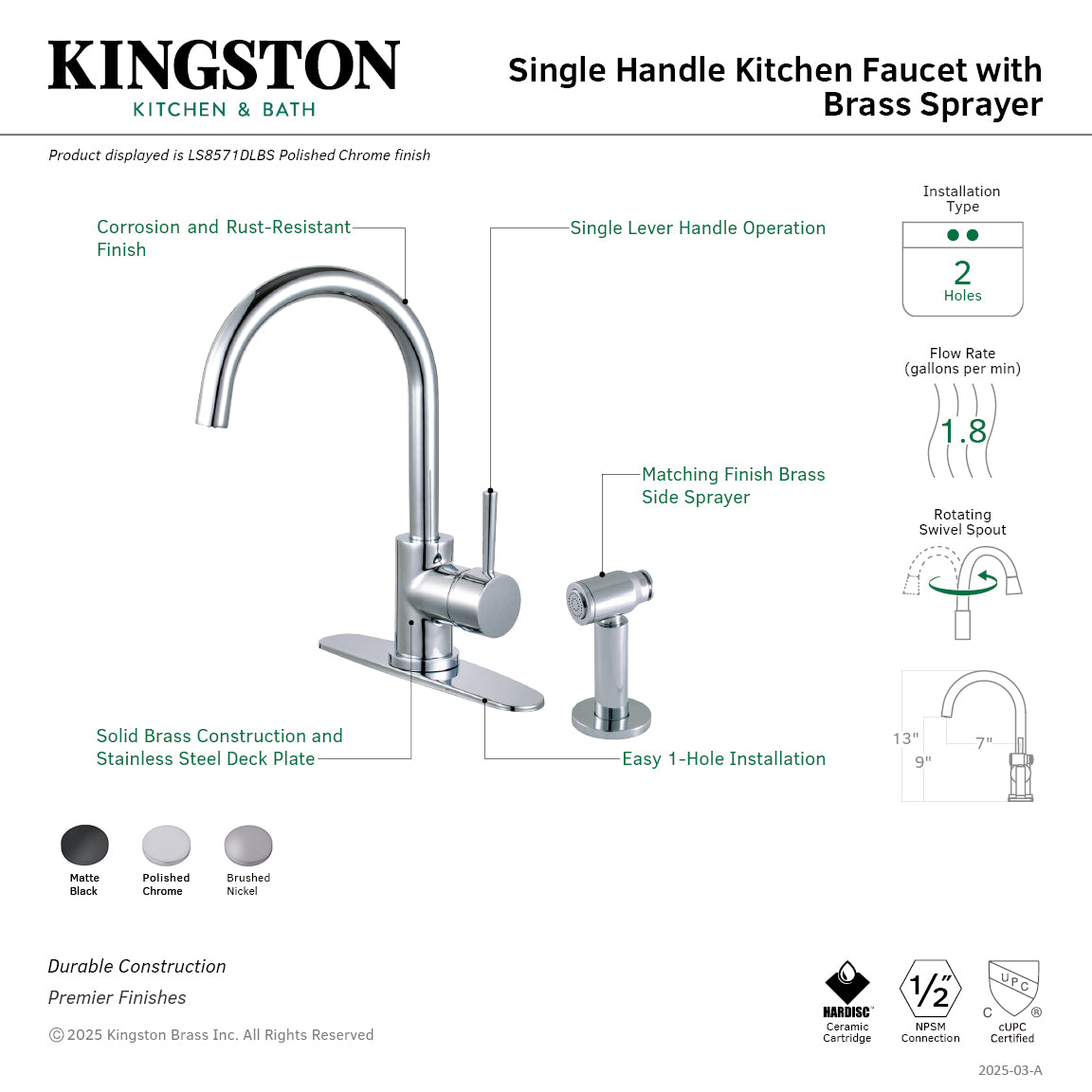 Kingston Sona LS8578DLBS - Concord Single-Handle 2-Hole Deck Mount Kitchen Faucet with Brass Side Sprayer, Brushed Nickel — thumbnail 2