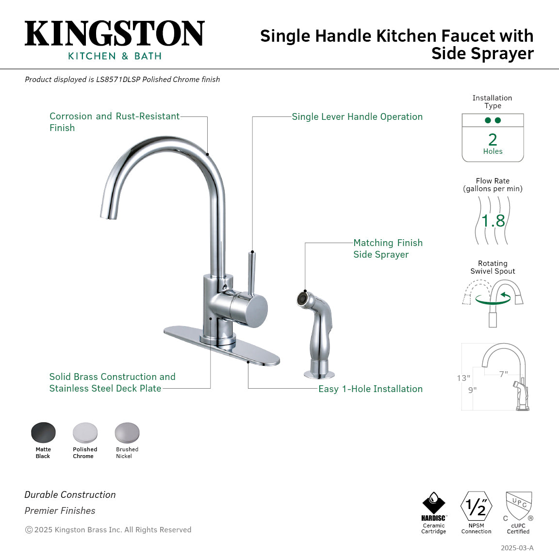 Kingston Sona LS8578DLSP - Concord Single-Handle 2-or-4 Hole Deck Mount Kitchen Faucet with Side Sprayer, Brushed Nickel — thumbnail 2