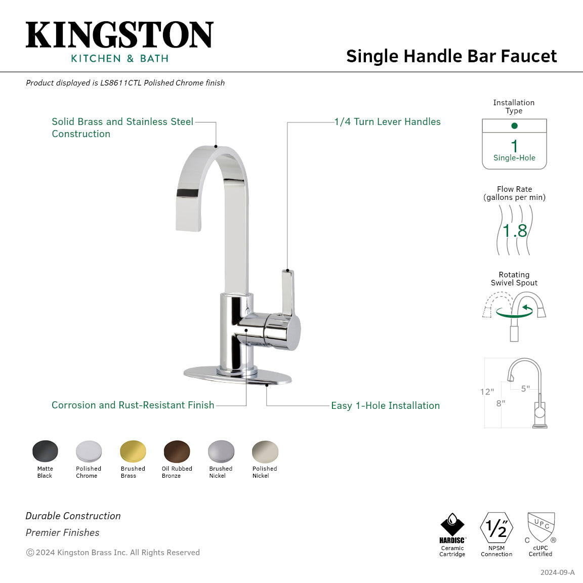 Kingston Sona LS861CTLPN - Continental One-Handle 1-Hole Deck Mount Bar Faucet, Polished Nickel — thumbnail 2