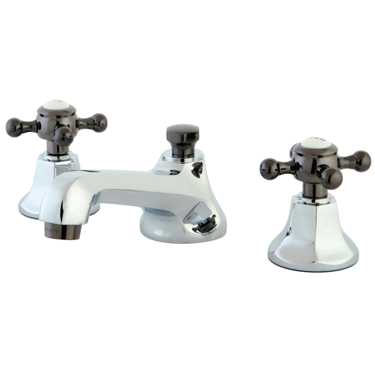 Kingston Tulare NS4463BX - Water Onyx Two-Handle 3-Hole Deck Mount Widespread Bathroom Faucet with Brass Pop-Up, Polished Chrome/Black Stainless Steel
