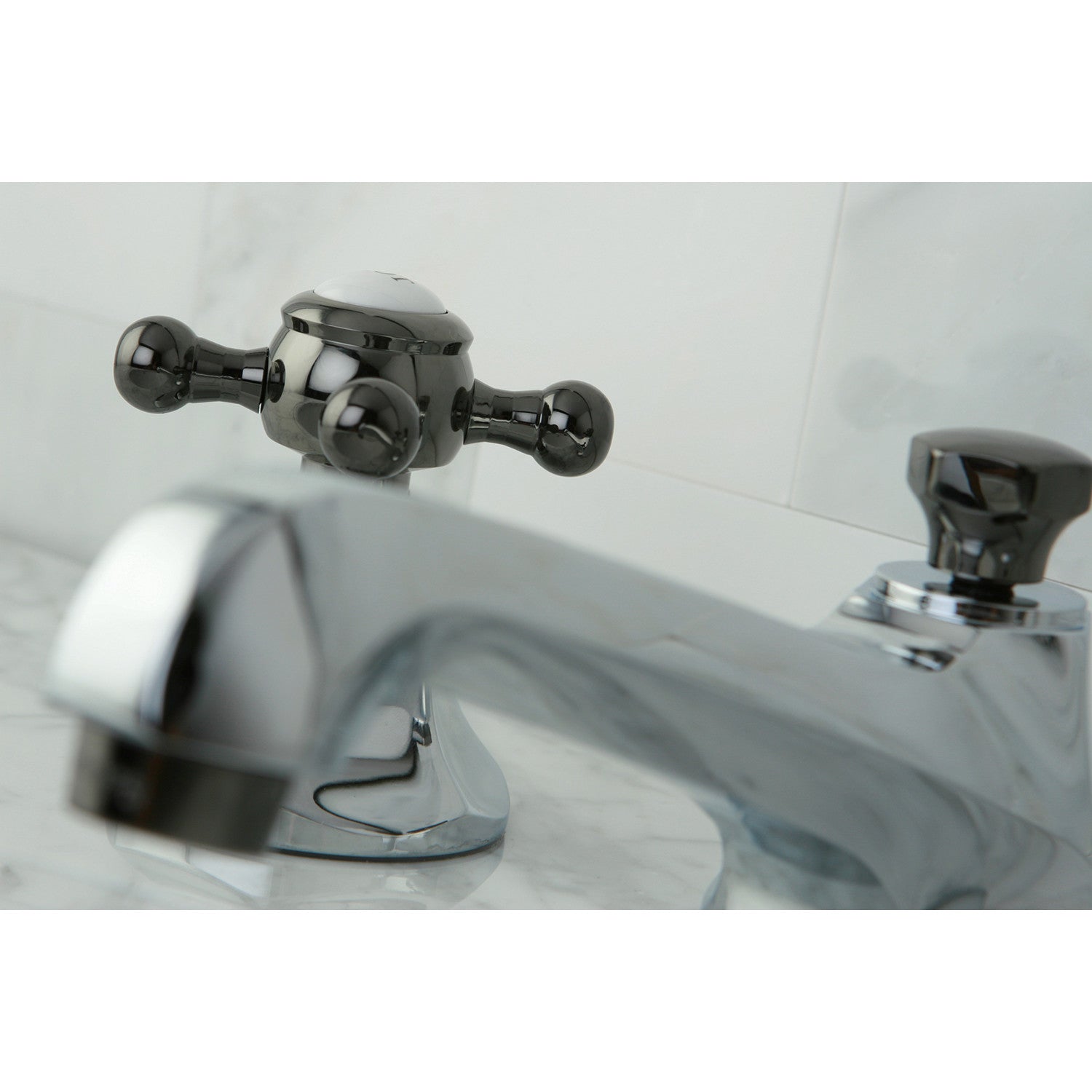 Kingston Tulare NS4463BX - Water Onyx Two-Handle 3-Hole Deck Mount Widespread Bathroom Faucet with Brass Pop-Up, Polished Chrome/Black Stainless Steel — thumbnail 3