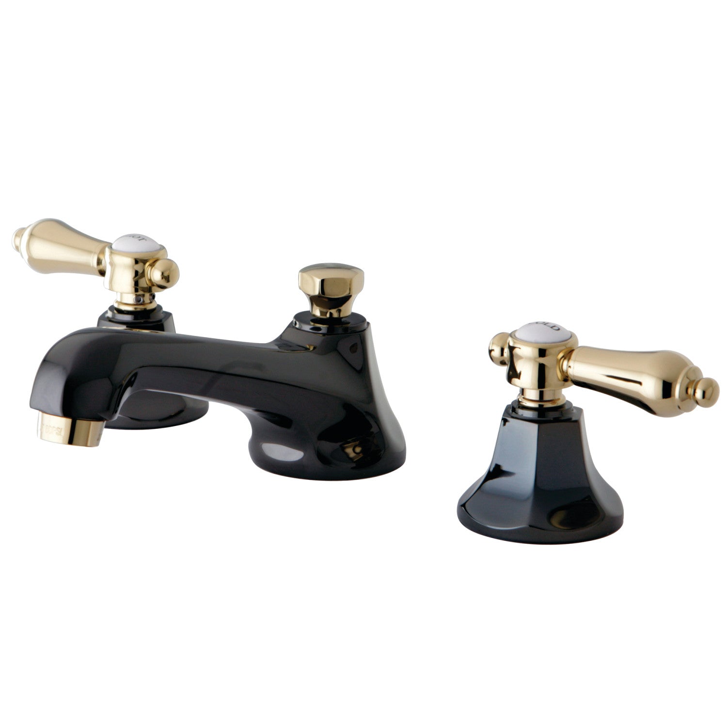 Kingston Tulare NS4469BAL - Water Onyx Two-Handle 3-Hole Deck Mount Widespread Bathroom Faucet with Brass Pop-Up, Black Stainless Steel/Polished Brass