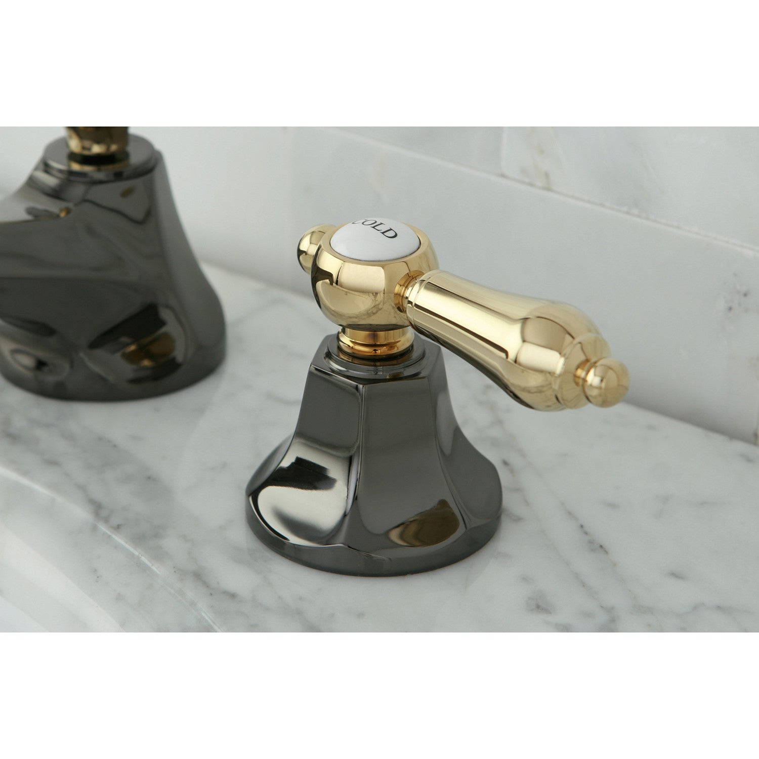 Kingston Tulare NS4469BAL - Water Onyx Two-Handle 3-Hole Deck Mount Widespread Bathroom Faucet with Brass Pop-Up, Black Stainless Steel/Polished Brass — thumbnail 3