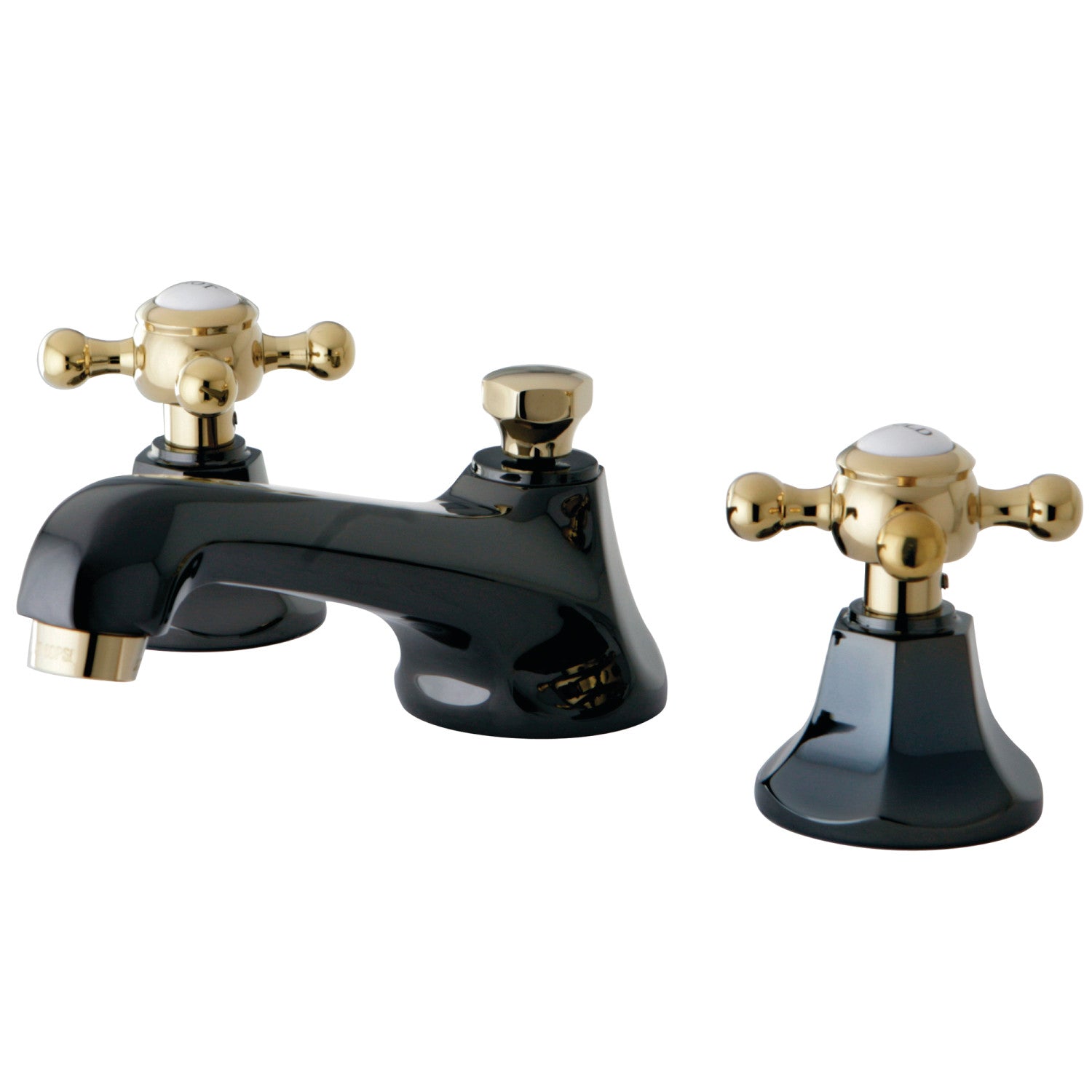 Kingston Tulare NS4469BX - Water Onyx Two-Handle 3-Hole Deck Mount Widespread Bathroom Faucet with Brass Pop-Up, Black Stainless Steel/Polished Brass