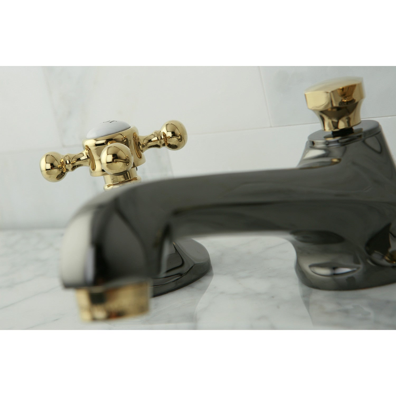 Kingston Tulare NS4469BX - Water Onyx Two-Handle 3-Hole Deck Mount Widespread Bathroom Faucet with Brass Pop-Up, Black Stainless Steel/Polished Brass — thumbnail 3