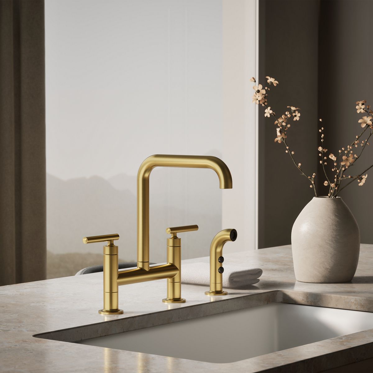 Purist® Two-hole bridge kitchen sink faucet with side sprayer — thumbnail 2