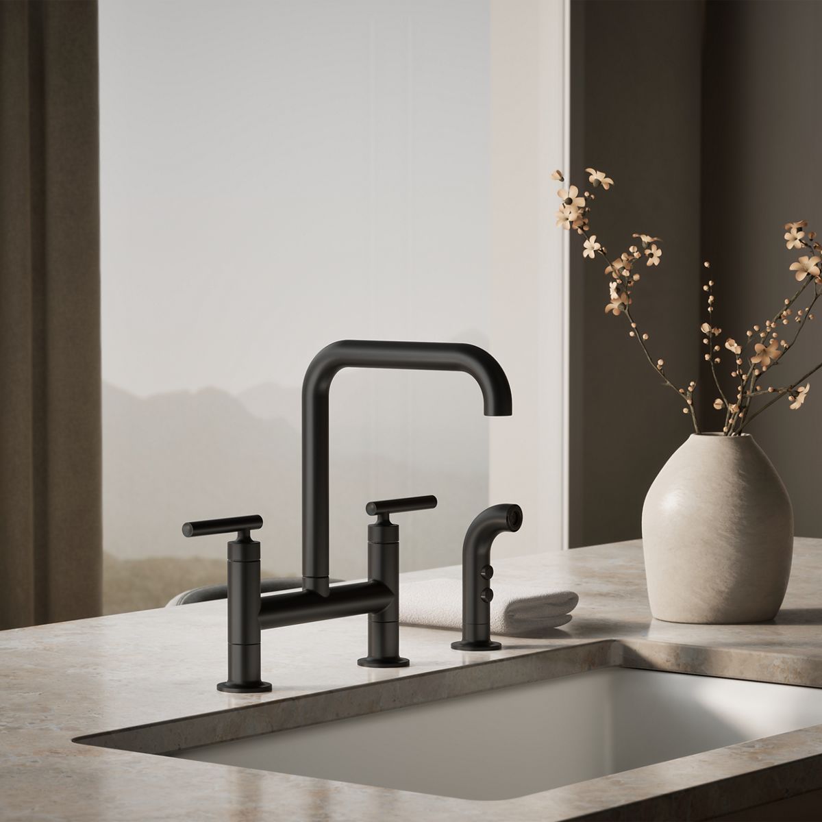 Purist® Two-hole bridge kitchen sink faucet with side sprayer — thumbnail 2