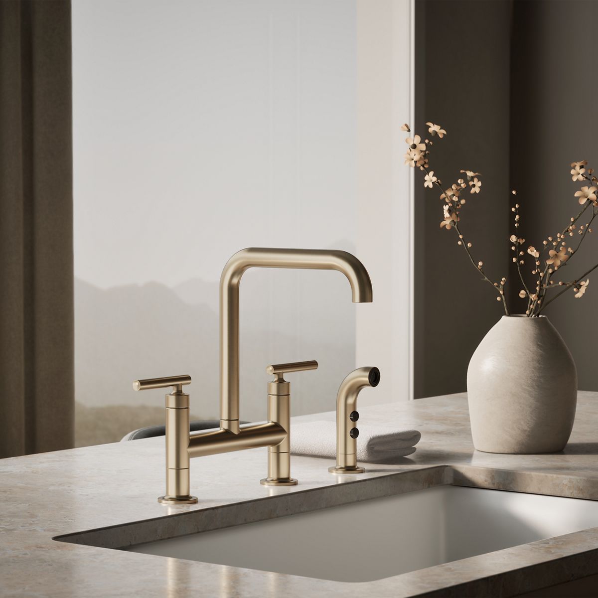 Purist® Two-hole bridge kitchen sink faucet with side sprayer — thumbnail 2