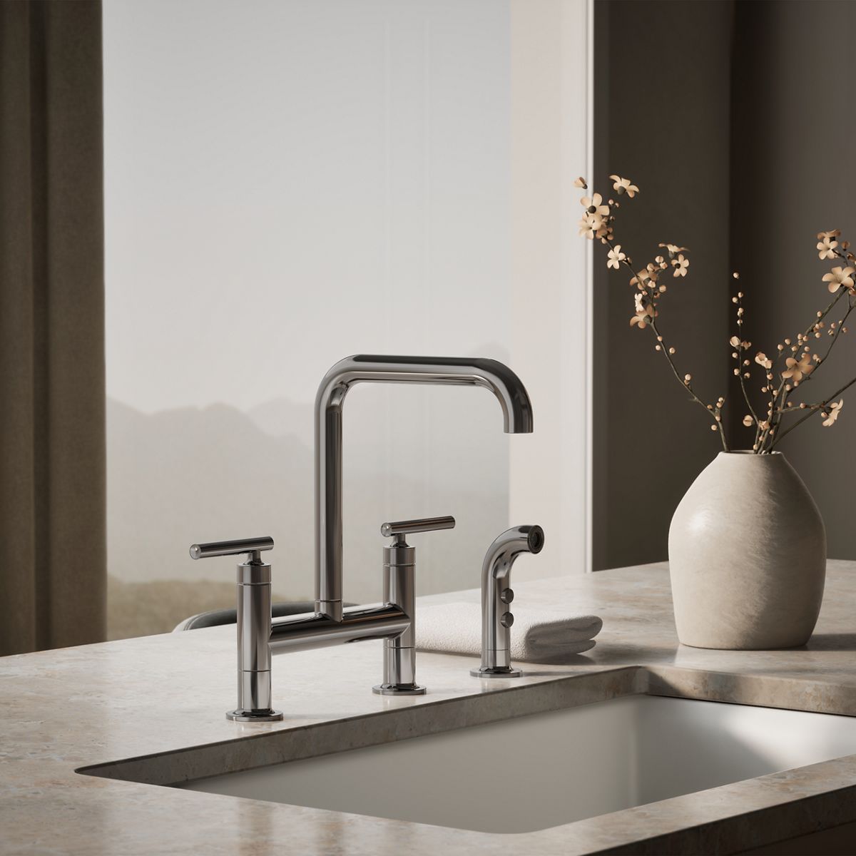 Purist® Two-hole bridge kitchen sink faucet with side sprayer — thumbnail 2