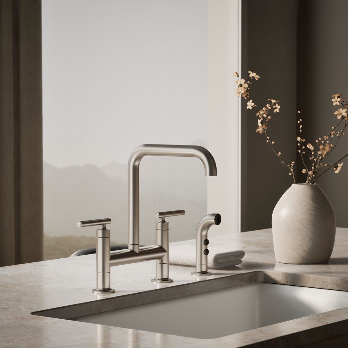 Purist® Two-hole bridge kitchen sink faucet with side sprayer — thumbnail 2