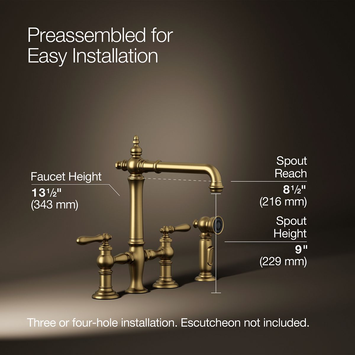 Artifacts® Three-hole bridge kitchen sink faucet with side sprayer — thumbnail 3