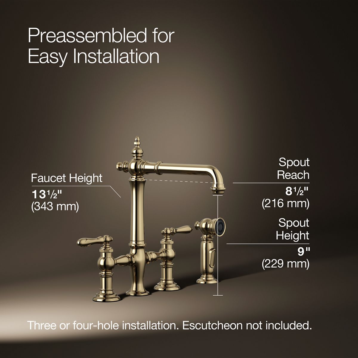 Artifacts® Three-hole bridge kitchen sink faucet with side sprayer — thumbnail 3