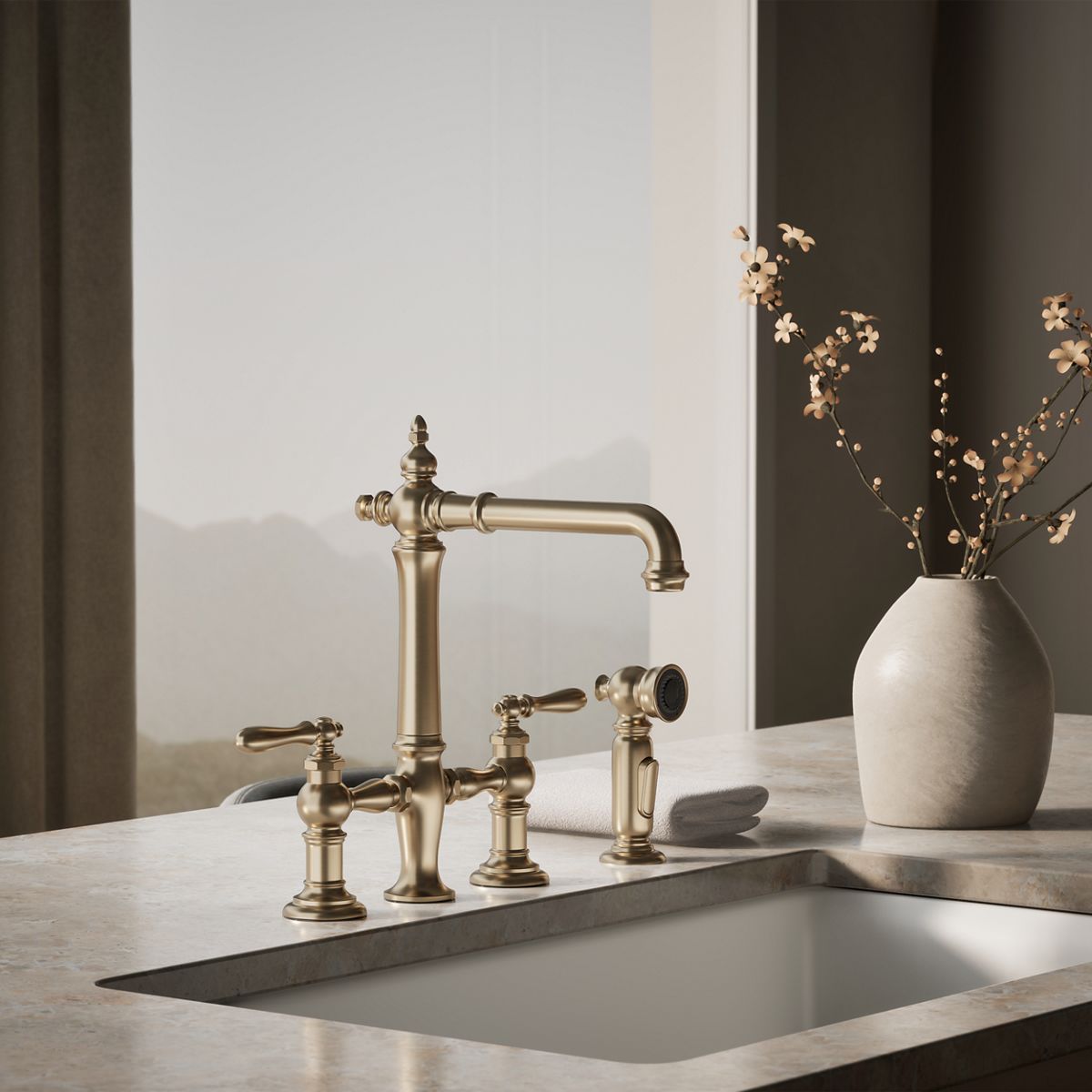 Artifacts® Three-hole bridge kitchen sink faucet with side sprayer — thumbnail 2