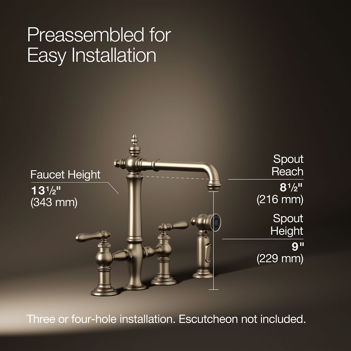 Artifacts® Three-hole bridge kitchen sink faucet with side sprayer — thumbnail 3